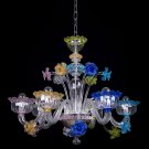 Muranese chandelier in Murano glass 6 lights crystal and multicolor flowers