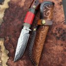 DAMASCUS SURVIVAL OUTDOOR CAMPING HUNTING KNIFE FIXED BLADE W/ SHEATH HORN WOOD