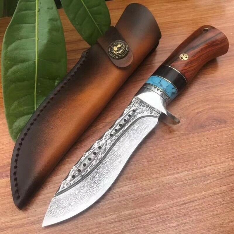 Damascus Survival Outdoor Camping Hunting Knife Fixed Blade Turqoise W