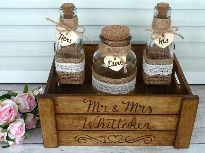 Personalized Rustic Wedding Sand Ceremony Set for 2 Family Members. Customized Sand Ceremony Set.