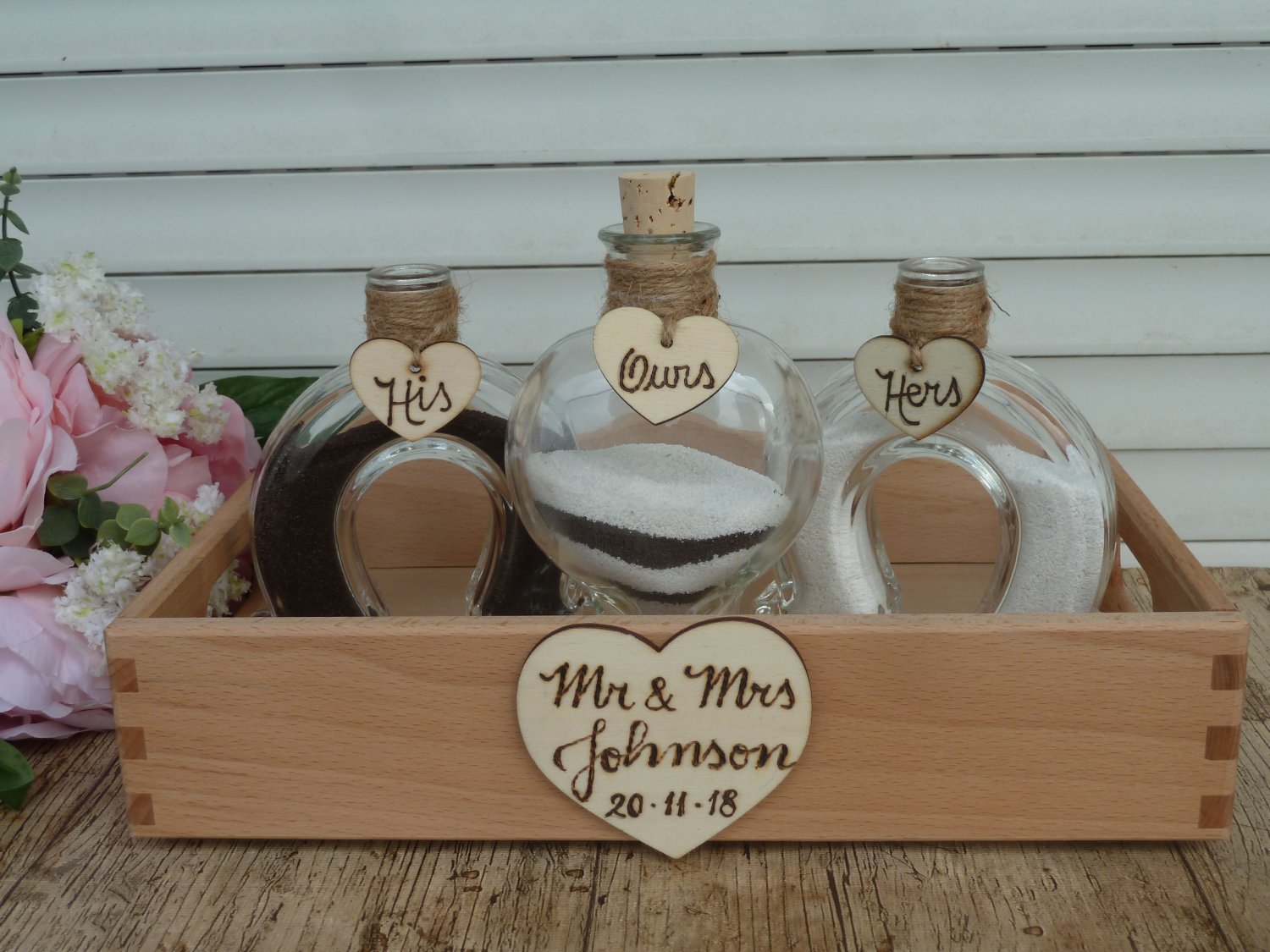 Wedding Unity Sand Ceremony Set for 2. Horse Shoe, Heart Shape Bottles. Personalized, Western.