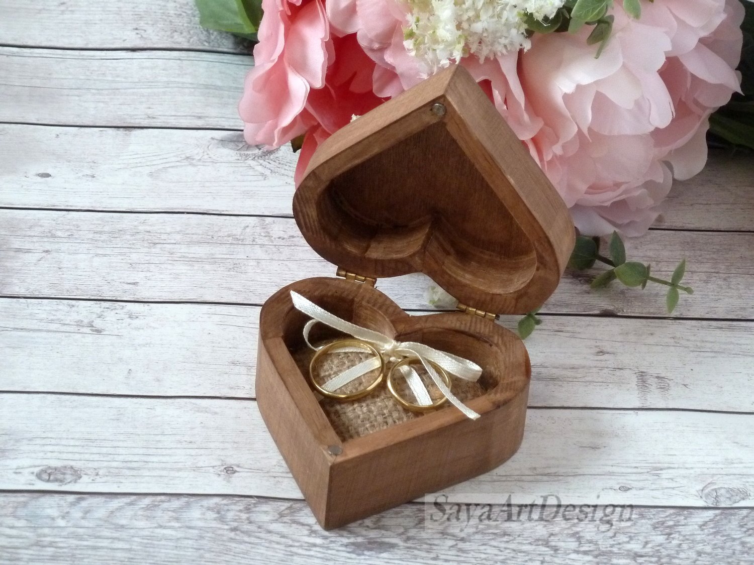 Wedding Ring Box Heart Shaped, Wooden Rustic Ring Bearer. Ring Pillow