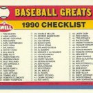 1990 Swell Baseball Greats 135 Checklist Card