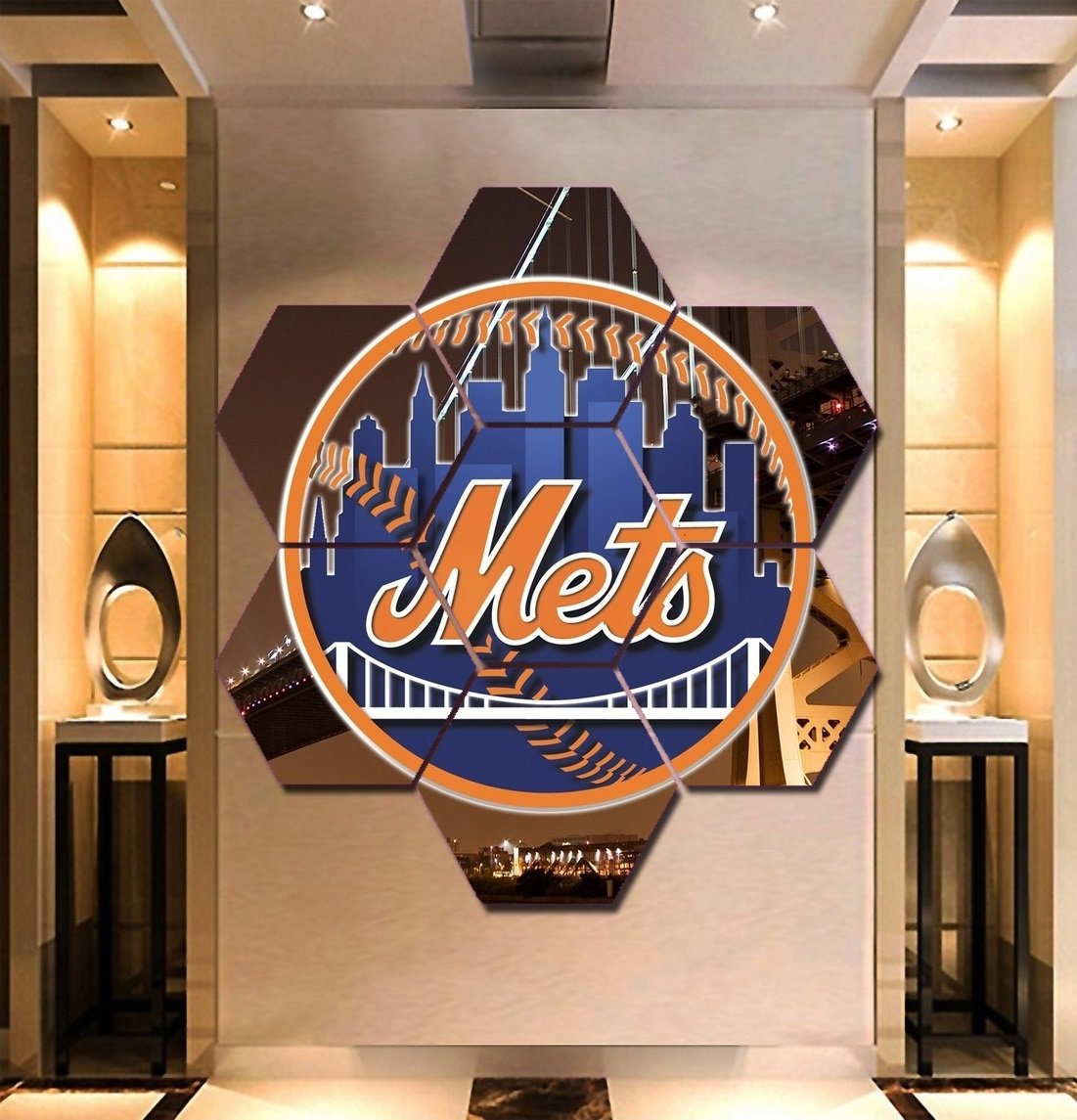 New York Mets Canvas Painting Poster Print Decor Wall Art 7 Hexagon Panels.