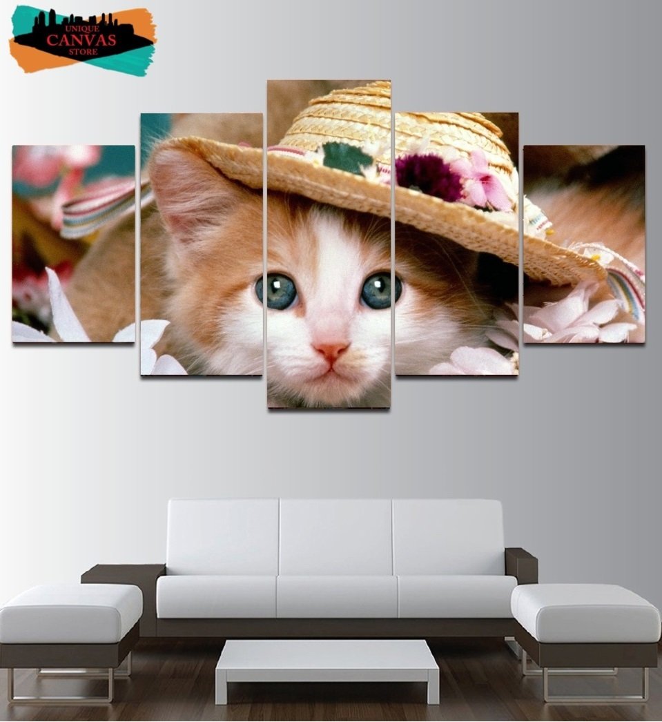 Cat Wall Art Cute Decor Painting On Canvas Framed Cat In The Hat Poster HD.