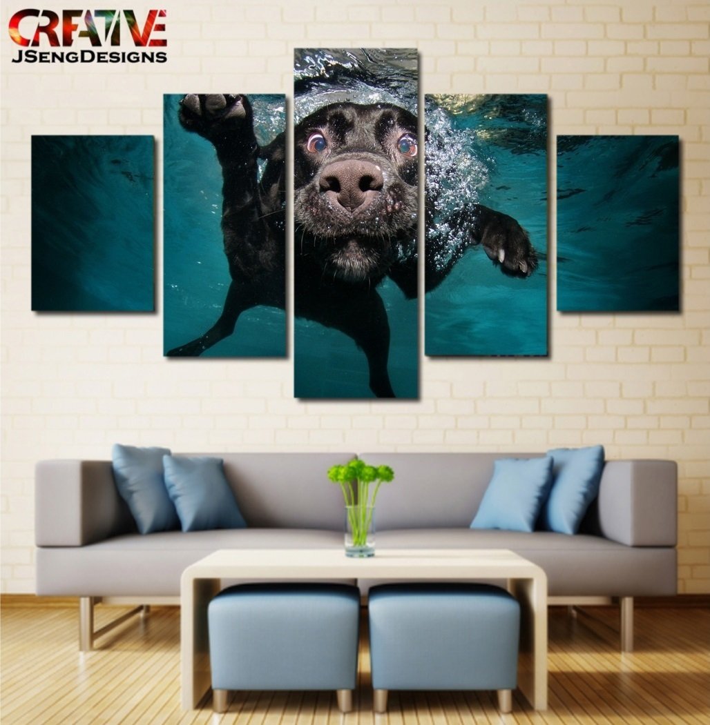 Dog Wall Art Cute Decor Painting On Canvas Framed Funny Dog Swiming Poster HD.