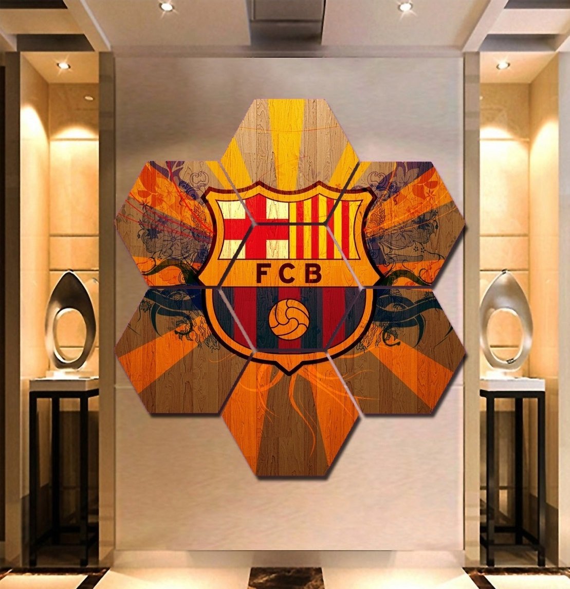 FC Barcelona Wall Art Canvas Painting Poster Decor 7 Hexagon Panels Framed.