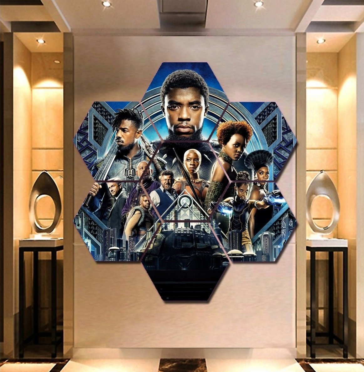 Black Panther Wall Art Canvas Painting Poster Print Decor 7 Hexagon Panels.