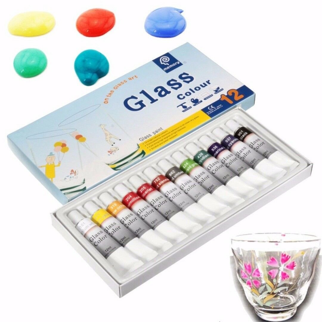 12 Color 12ml Waterproof Glass Paint Tube Stain Bright Painting Craft Tool DIY