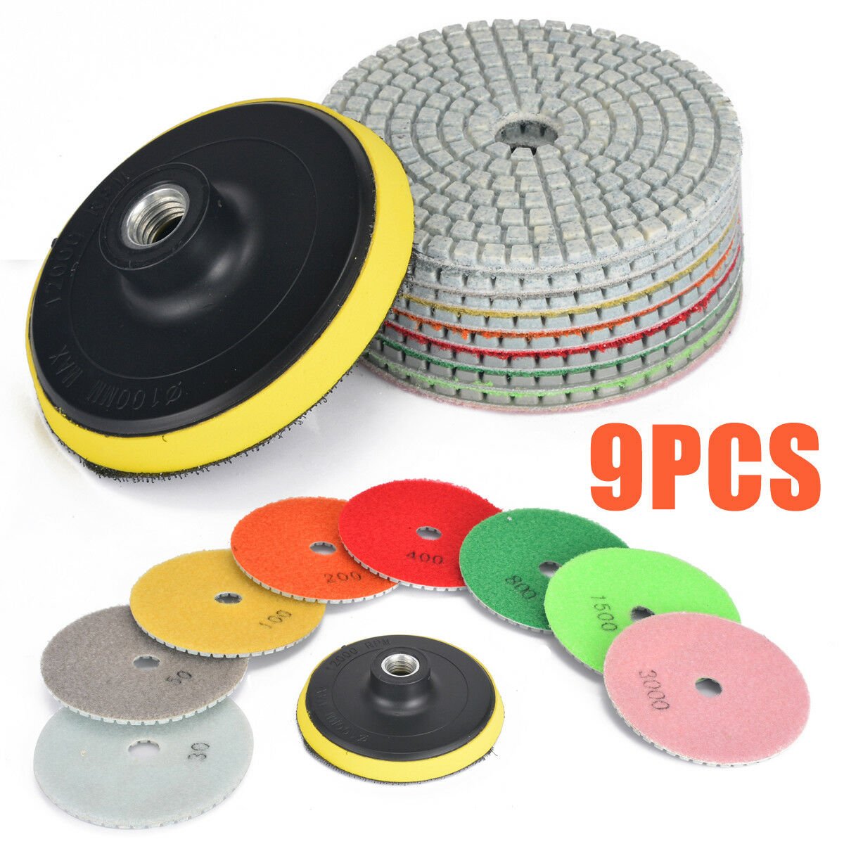 Diamond Polishing Pads 4 inch Wet/Dry 9 PCS Set Granite Stone Concrete Marble
