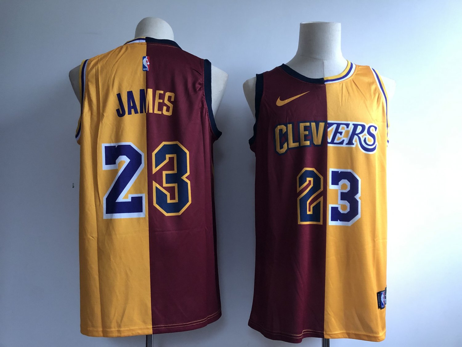 Men's Cavaliers-Lakers #23 LeBron James Red-Yellow Split Spliced Jersey