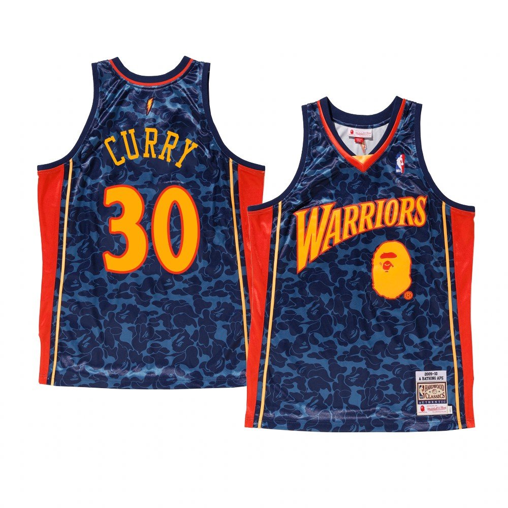 Men's BAPE x MITCHELL & NESS Warriors 30 Stephen Curry Throwback Jersey Blue