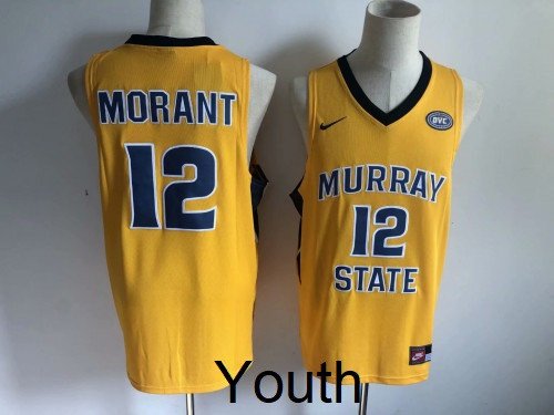 Youth Ja Morant #12 Murray State Racers Yellow Basketball Jersey Stitched