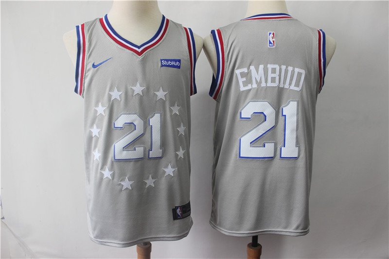 Men's Philadelphia 76ers #21 Joel Embiid Basketball Jersey City Edition Gray
