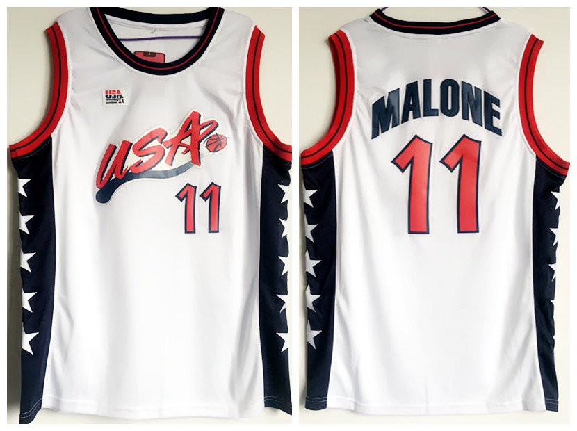 Men's Karl Malone #11 Throwback 1996 Team USA Basketball Jersey White Stitched