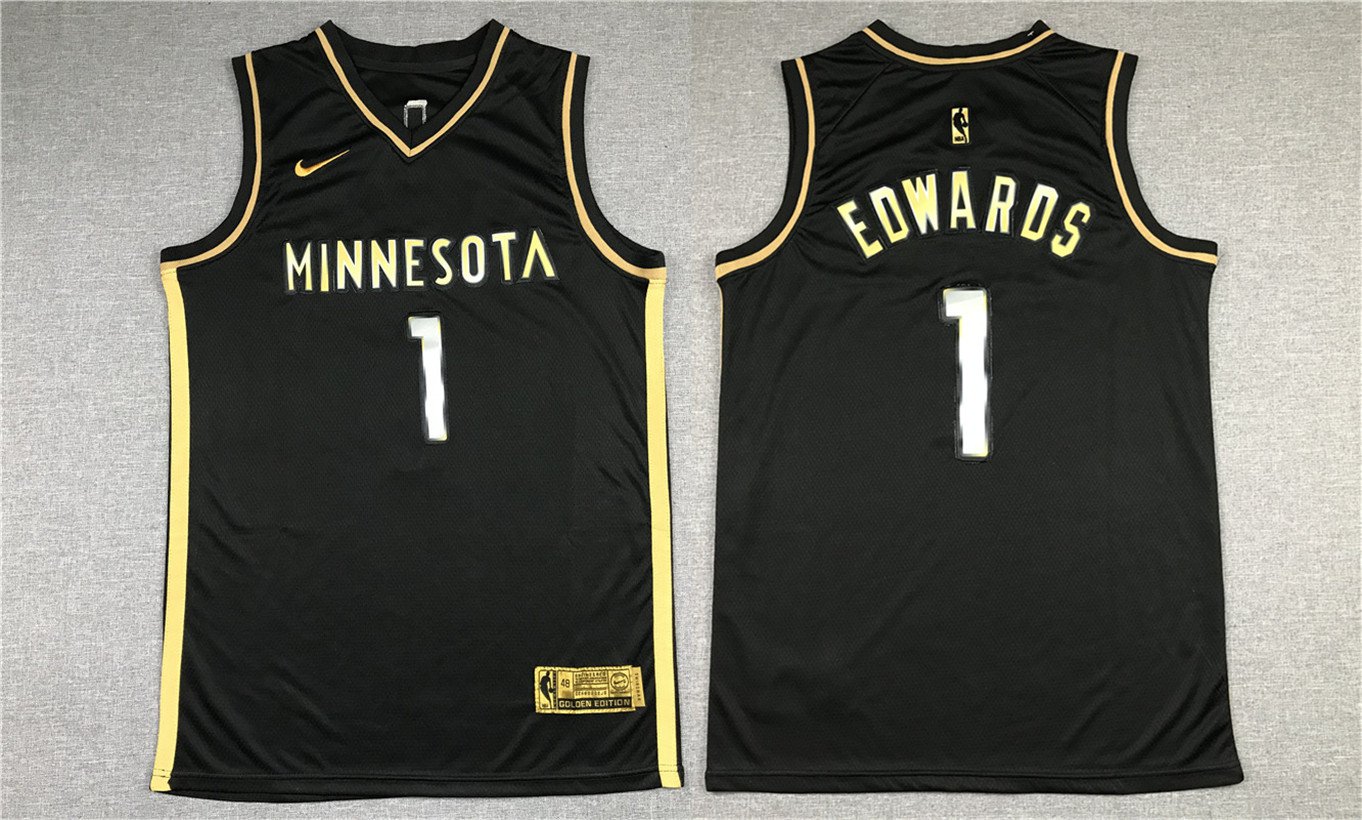 Men's Minnesota Timberwolves #1 Anthony Edwards Jersey 2021 Black Gold Edition Swingman Basketball