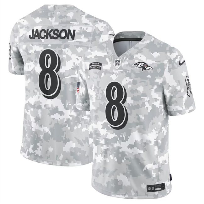 men's & youth Baltimore Ravens 8 Lamar Jackson Jersey 2024 Arctic Camo Salute To Service Limited