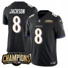 men's & kids Baltimore Ravens 8 Lamar Jackson Jersey Black 2023 F.U.S.E. Champions Limited Football