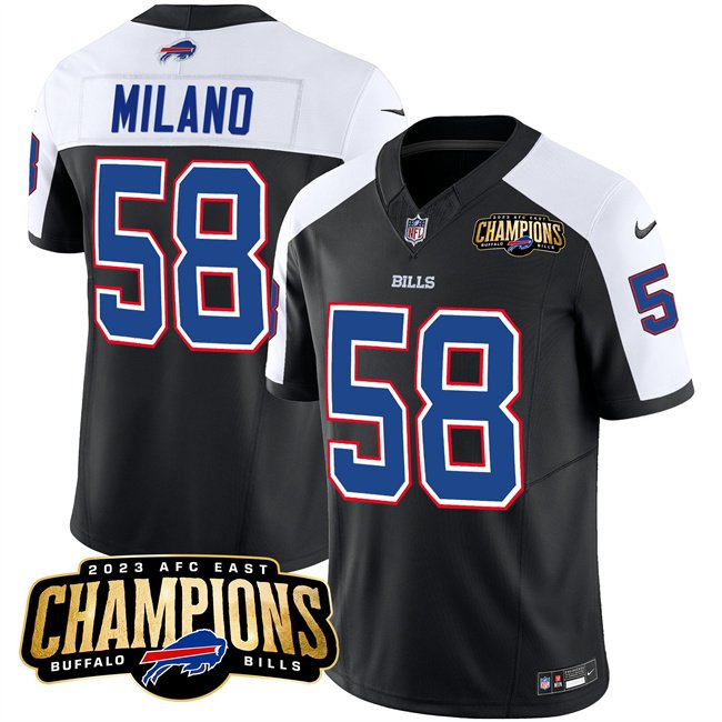men's & kids Buffalo Bills 58 Matt Milano Jersey Black White 2023 Champions Patch F.U.S.E. Limited