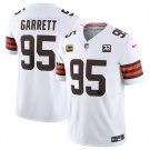 men's & kids Cleveland Browns 95 Myles Garrett Jersey White 2023 FUSE C Patch and Jim Brown Memorial