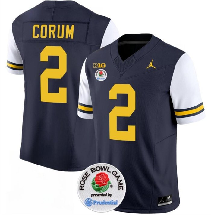 men's & youth Michigan Wolverines 2 Blake Corum Jersey Navy White F.U.S.E. Rose Bowl Patch College