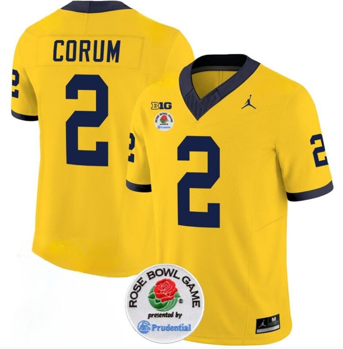 men's & youth Michigan Wolverines 2 Blake Corum Jersey Gold FUSE Rose Bowl Patch College Football