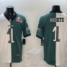 men's & youth Philadelphia Eagles 1 Jalen Hurts Jersey White/Green Split 2025 Super Bowl LIX Patch