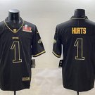 men's & youth Philadelphia Eagles 1 Jalen Hurts Jersey Black Gold 2025 Super Bowl LIX Patch Football