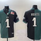 men's & youth Philadelphia Eagles 1 Jalen Hurts Jersey Green Black Split 2025 Super Bowl LIX Patch
