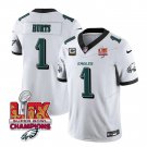 men's & kids Philadelphia 1 Jalen Hurts Jersey White 2025 Eagles Logo Super Bowl LIX with C Patch