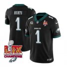 men's & kids Philadelphia 1 Jalen Hurts Jersey Black 2025 Eagles Logo Super Bowl LIX with C Patch