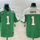 men's & youth Philadelphia Eagles 1 Jalen Hurts Jersey Green White 2025 Super Bowl LIX and C Patch