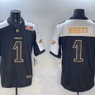 men's & youth Philadelphia Eagles 1 Jalen Hurts Jersey Black Gold 2025 Super Bowl LIX Patch F.U.S.E.