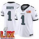 men's & kids Philadelphia Eagles 1 Jalen Hurts Jersey White 2025 Super Bowl LIX Patch F.U.S.E. Game