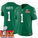 men's & kids Philadelphia Eagles 1 Jalen Hurts Jersey Kelly Green 2025 Super Bowl LIX Patch F.U.S.E.