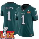 men's & kids Philadelphia Eagles 1 Jalen Hurts Jersey Green 2025 Super Bowl LIX Patch F.U.S.E. Game