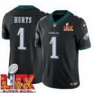 men's & kids Philadelphia Eagles 1 Jalen Hurts Jersey Black 2025 Super Bowl LIX Patch F.U.S.E. Game