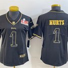 women's Philadelphia Eagles 1 Jalen Hurts Jersey Black Gold 2025 Super Bowl LIX Patch Football