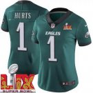 women's Philadelphia Eagles 1 Jalen Hurts Jersey Green 2025 Super Bowl LIX Patch F.U.S.E. Football