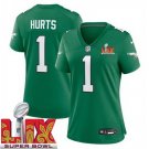 women's Philadelphia Eagles 1 Jalen Hurts Jersey Kelly Green 2025 Super Bowl LIX Patch FUSE Football