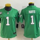 women's Philadelphia Eagles 1 Jalen Hurts Jersey Kelly Green F.U.S.E. with C Patch Limited Football