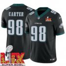 men's & kids Philadelphia Eagles 98 Jalen Carter Jersey Black 2025 Super Bowl LIX Patch F.U.S.E.