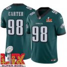 men's & kids Philadelphia Eagles 98 Jalen Carter Jersey Green 2025 Super Bowl LIX Patch F.U.S.E.