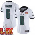 women's Philadelphia Eagles 6 DeVonta Smith Jersey White 2025 Super Bowl LIX Patch F.U.S.E. Football