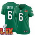 women's Philadelphia Eagles 6 DeVonta Smith Jersey Kelly Green 2025 Super Bowl LIX Patch F.U.S.E.