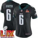 women's Philadelphia Eagles 6 DeVonta Smith Jersey Black 2025 Super Bowl LIX Patch F.U.S.E. Football