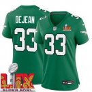 women's Philadelphia Eagles 33 Cooper DeJean Jersey Kelly Green 2025 Super Bowl LIX Patch F.U.S.E.