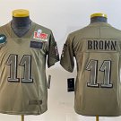 youth Philadelphia Eagles 11 A.J. Brown Jersey Olive 2025 Super Bowl LIX Patch Salute To Service