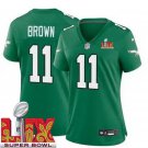 women's Philadelphia Eagles 11 A.J. Brown Jersey Kelly Green 2025 Super Bowl LIX Patch F.U.S.E