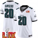 men's & kids Philadelphia Eagles 20 Brian Dawkins Jersey White 2025 Super Bowl LIX Patch Retired